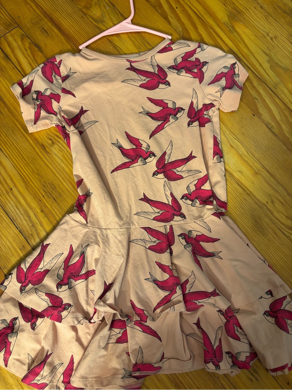 Mini Rodini Pink Bird-Print Ruffle Dress